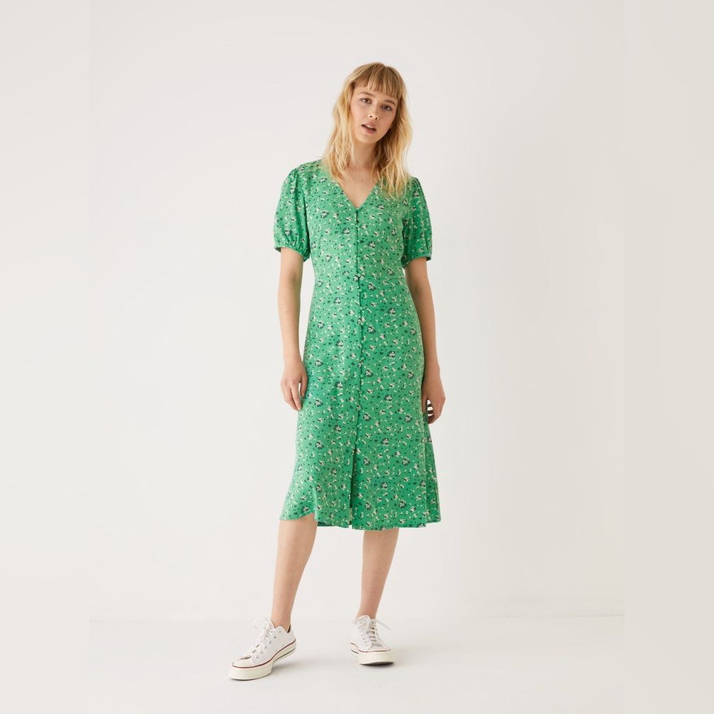 Frank and Oak Green Floral Puff Sleeve Midi Dress